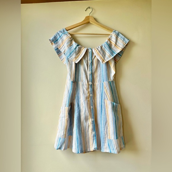 REFORMATION| Marbella striped linen off the shoulder dress| 12 - Picture 7 of 9